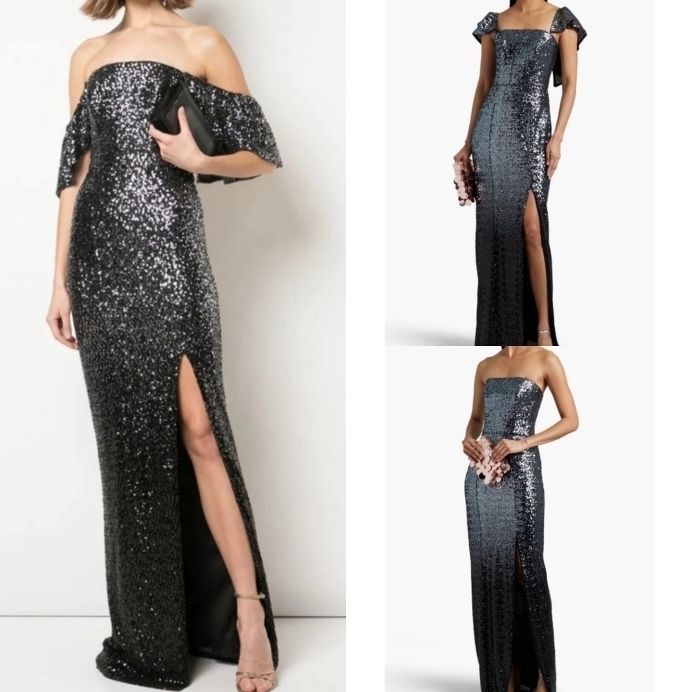 Marchesa Notte Ombré Sequin Gunmetal Column 3 In 1 Evening Gown NWT Size 6